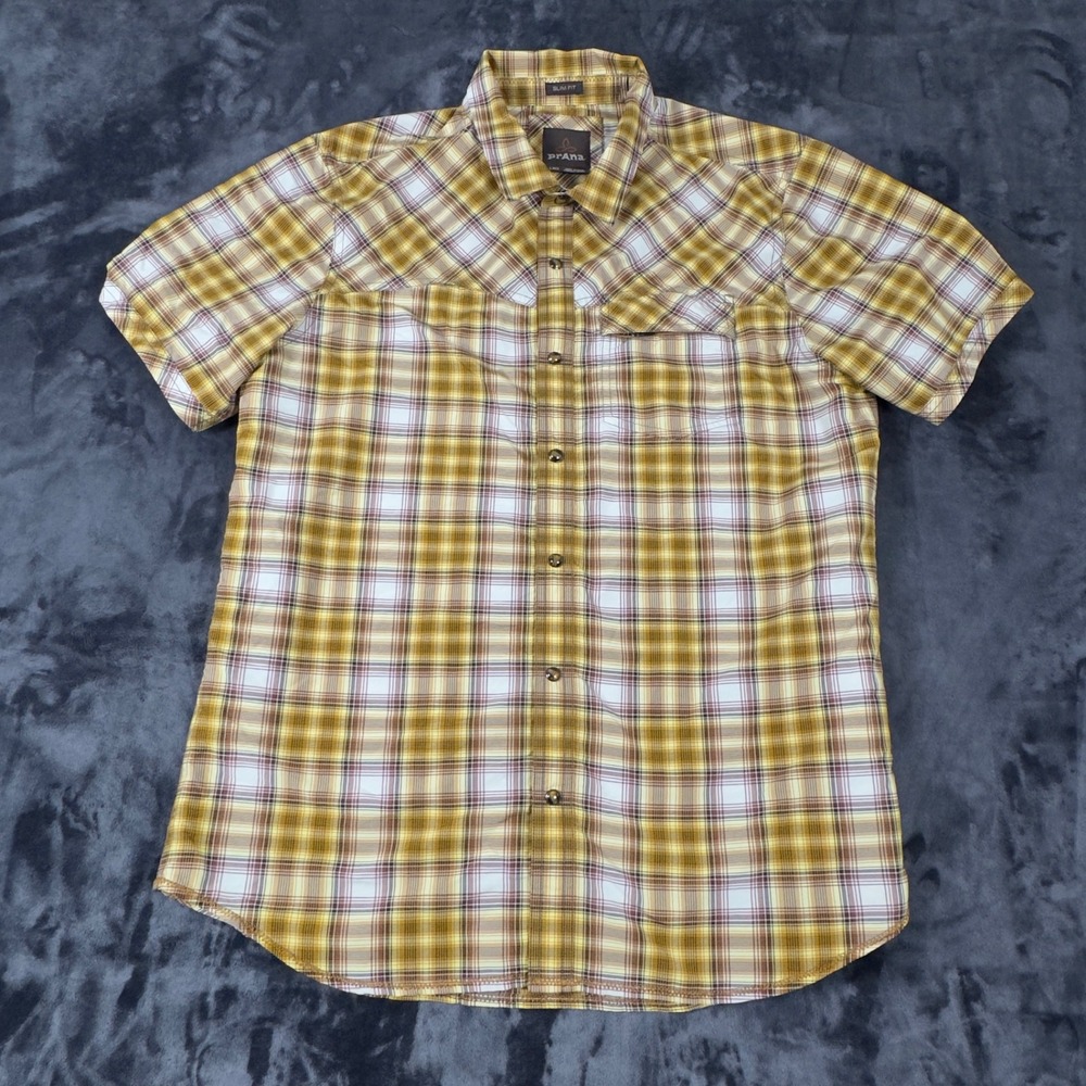 Prana Button Down Shirt Mens Large Yellow Plaid Slim Fit Recycled Polyester